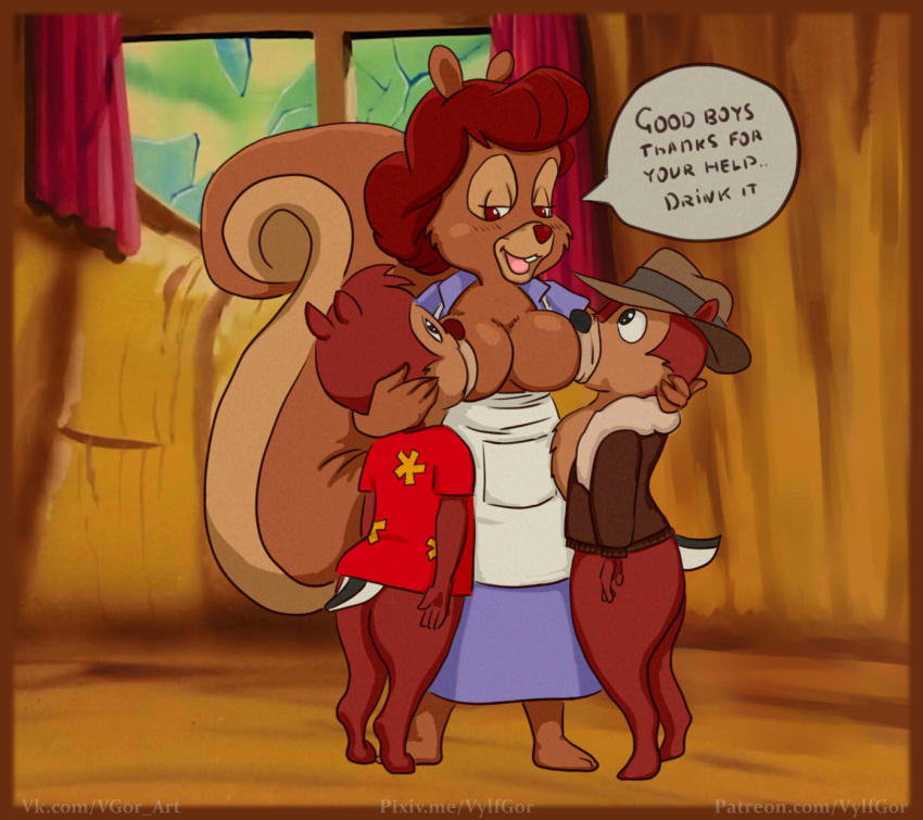 1girl age_difference anthro big_breasts breastfeeding breasts chip_'n_dale_rescue_rangers chip_(disney) clothed clothing dale_(disney) disney english_text fur furry ground_squirrel hair half-closed_eyes male mammal mature_female nude older_female rodent sciurid tammy's_mom text tree_squirrel vylfgor