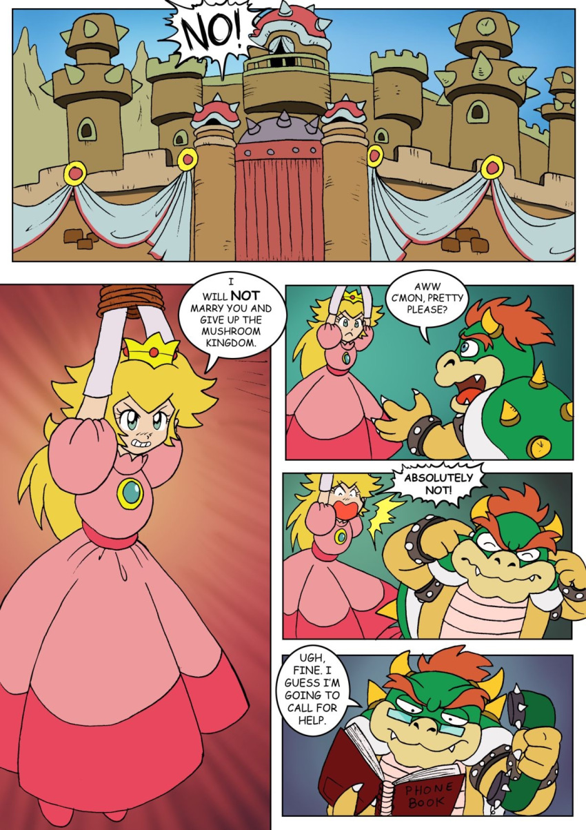 angry blonde_hair bowser breasts castle comic crown glasses nintendo peach's_tail_of_escape phone princess_peach super_mario_bros.