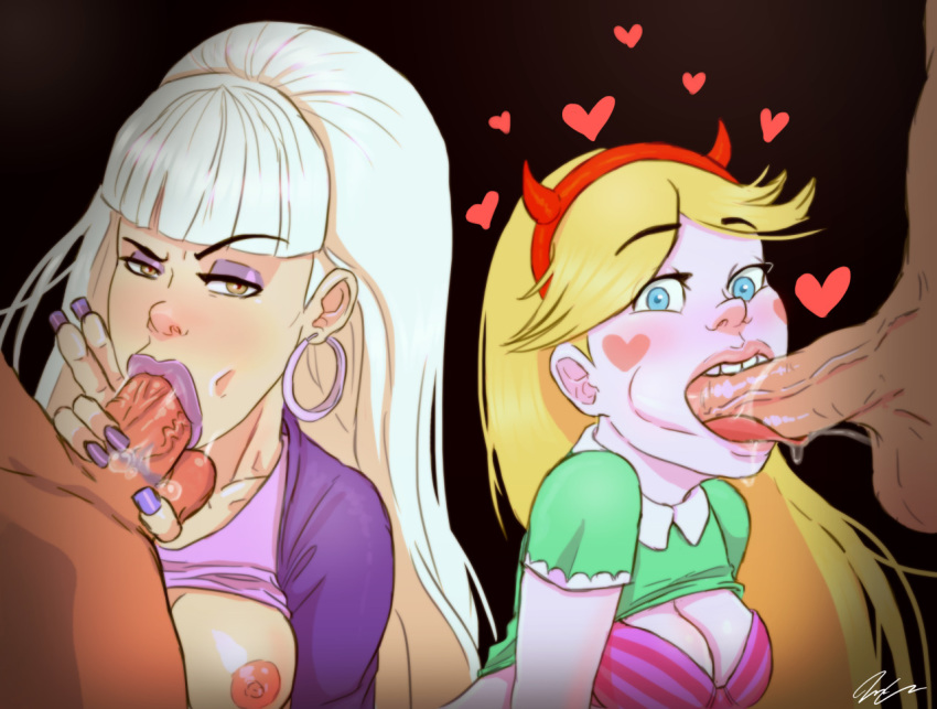 2boys 2girls blonde_hair blue_eyes disney fellatio female gold_eyes gravity_falls hair human long_hair looking_at_viewer male multiple_boys multiple_girls no_bra oral oral_sex pacifica_northwest pumpkinsinclair shirt_lift star_butterfly star_vs_the_forces_of_evil striped_bra uncensored