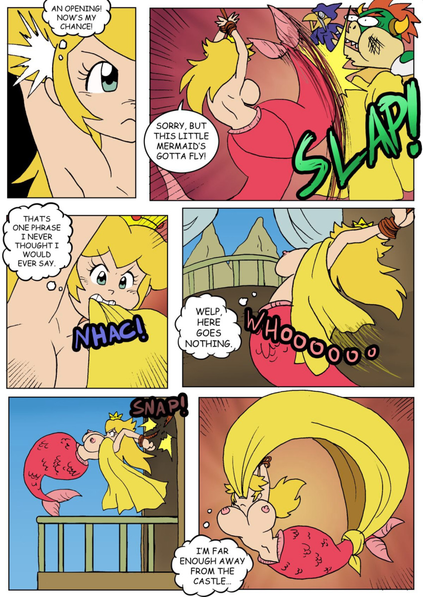 blonde_hair bowser breasts comic mermaid nintendo peach's_tail_of_escape princess_peach super_mario_bros.