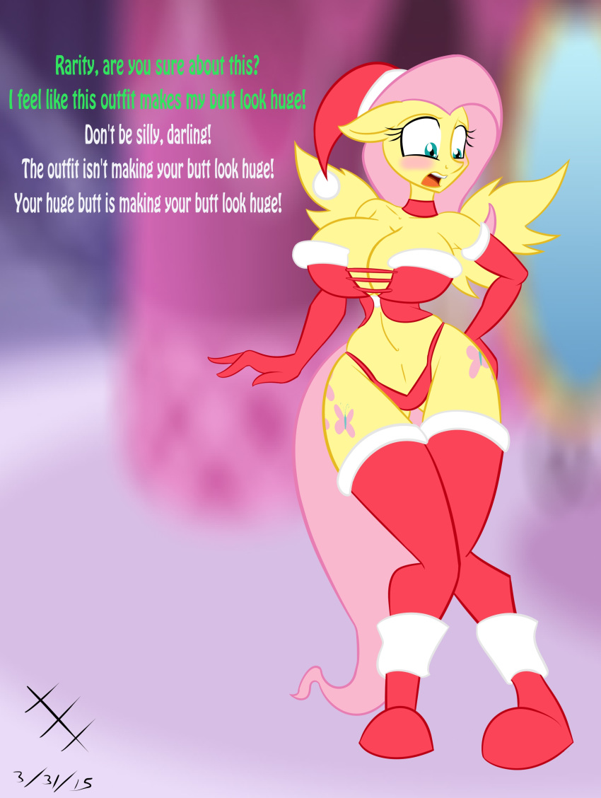 2015 anthro big_breasts blush breasts cleavage clothed clothing dialogue english_text equine female fluttershy_(mlp) friendship_is_magic furry huge_breasts jrvanesbroek kaiuchiha15 mammal my_little_pony pegasus skimpy text wings