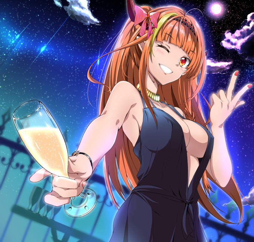 1girl 1girl ahoge alternative_costume alternative_hairstyle armpit_peek bangs big_breasts black_dress blonde blunt_bangs bow bracelet braid breasts center_opening cleavage cloud cowboy_shot cup dragon_horns dress drinking_glass eyebrows_visible_through_hair fence formal full_moon garashi26004 grin hairband high_resolution hololive horn horn_bow horns jewelry kiryuu_coco long_hair looking_at_viewer moon multicolored_hair nail_polish necklace night night_sky one_eye_closed orange_hair outside outstretched_arm parted_lips ponytail red_bow red_eyes red_nails side_braid sky sleeveless sleeveless_dress smile spaghetti_strap star_(sky) starry_sky streaked_hair striped striped_bow teeth tied_hair two-tone_hair virtual_youtuber wine_glass