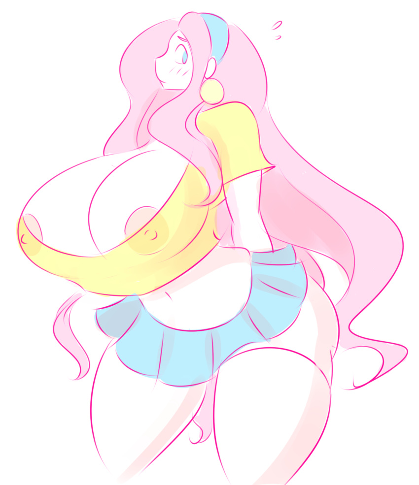 ass big_ass big_breasts blush breasts clothes fluttershy friendship_is_magic hootershy humanized impossibly_large_breasts looking_at_you my_little_pony navel nipples nudity questionable shirt simple_background skirt sluttershy solo solo_female stockings theycallhimcake white_background