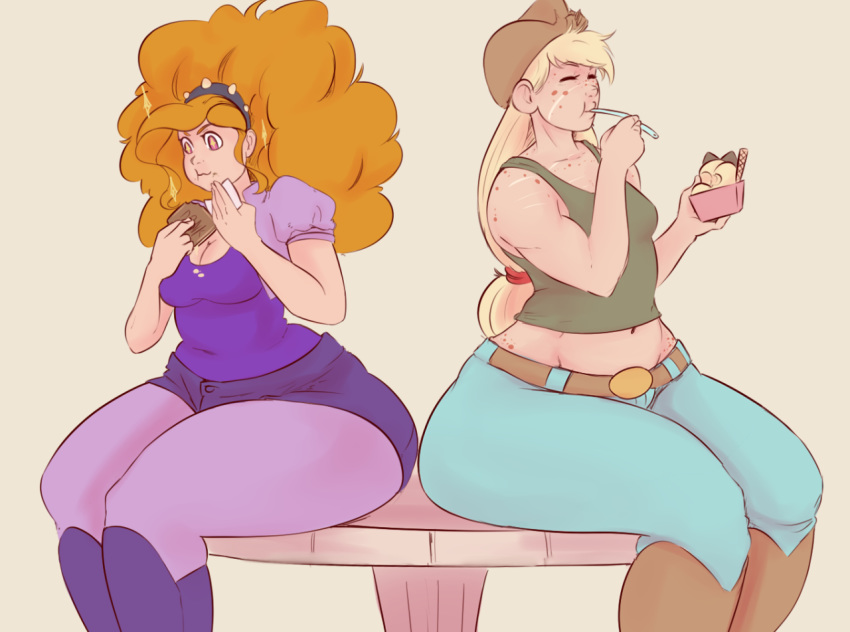 applejack cleavage eating food freckles friendship_is_magic humanized ice_cream my_little_pony scars sparkles sundown thighs wide_hips