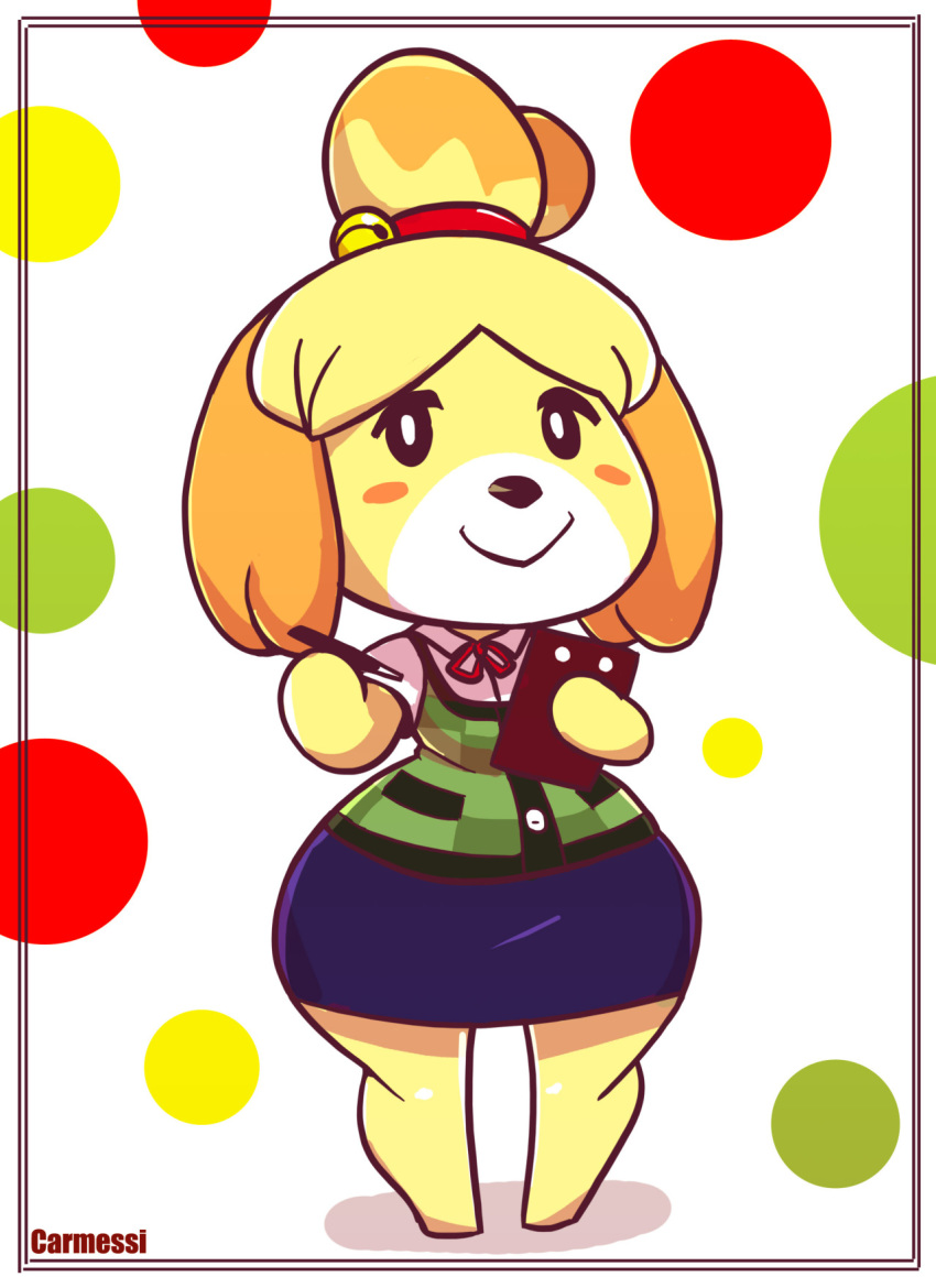 1girl animal_crossing animal_crossing_new_leaf anthro ass big_ass blush canid canine canine_humanoid carmessi clothes cute dog doubutsu_no_mori female female_only furry hair_tie happy hips isabelle_(animal_crossing) jingle_bell looking_at_viewer mammal nintendo ponytail secretary shih_tzu shizue_(doubutsu_no_mori) smile thick_ass thick_legs thick_thighs two_tone_hair video_games wide_hips yellow_fur