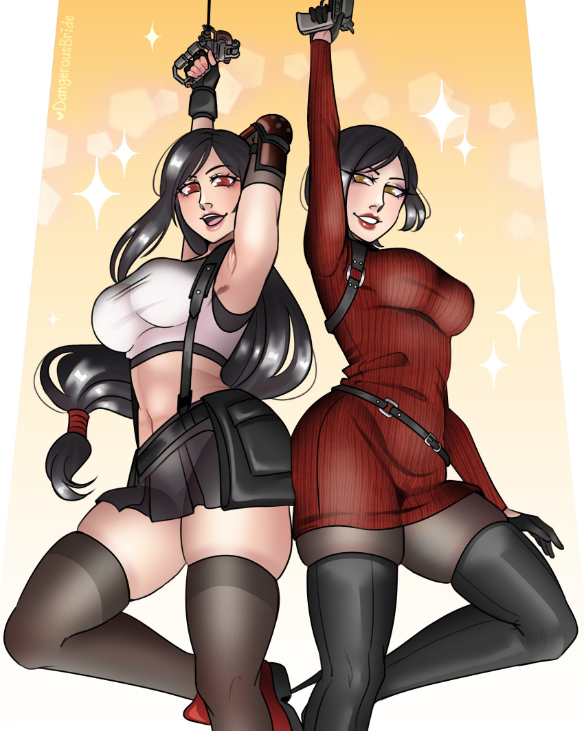1girl 2_girls ada_wong ada_wong_(adriana) arm_behind_head arm_up armpits biohazard biohazard_4 black_hair capcom crossover dangerousbride female_only final_fantasy final_fantasy_vii final_fantasy_vii_remake grin high_heel_boots long_hair looking_at_viewer red_eyes red_lipstick resident_evil resident_evil_4 resident_evil_4_(remake) resident_evil_4_remake smiling_at_viewer sparkles square_enix stockings thick_thighs thigh_squish tied_hair tifa_lockhart very_high_resolution yellow_eyes