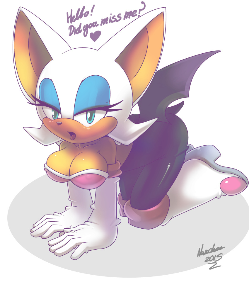 1girl 2015 all_fours anthro bat big_breasts breasts cleavage clothed clothing english_text female female_only furry heart mammal nancher nipple_bulge rouge_the_bat sega solo sonic_(series) teasing text wings