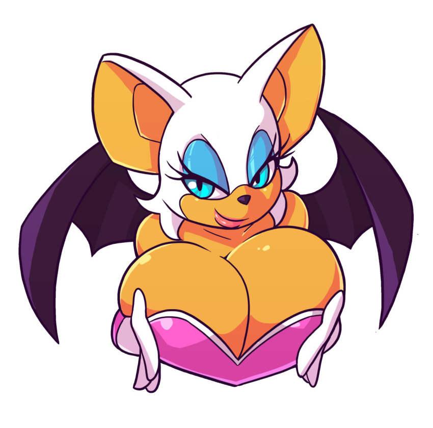 1girl 2015 anthro bat big_ears black_nose blue_eyes breast_squish breasts bursting_breasts carmessi cleavage clothed clothing elbow_gloves female female_only gloves hair huge_breasts lips looking_at_viewer makeup mammal plain_background rouge_the_bat sega short_hair smile solo sonic_(series) teasing white_background white_hair wings
