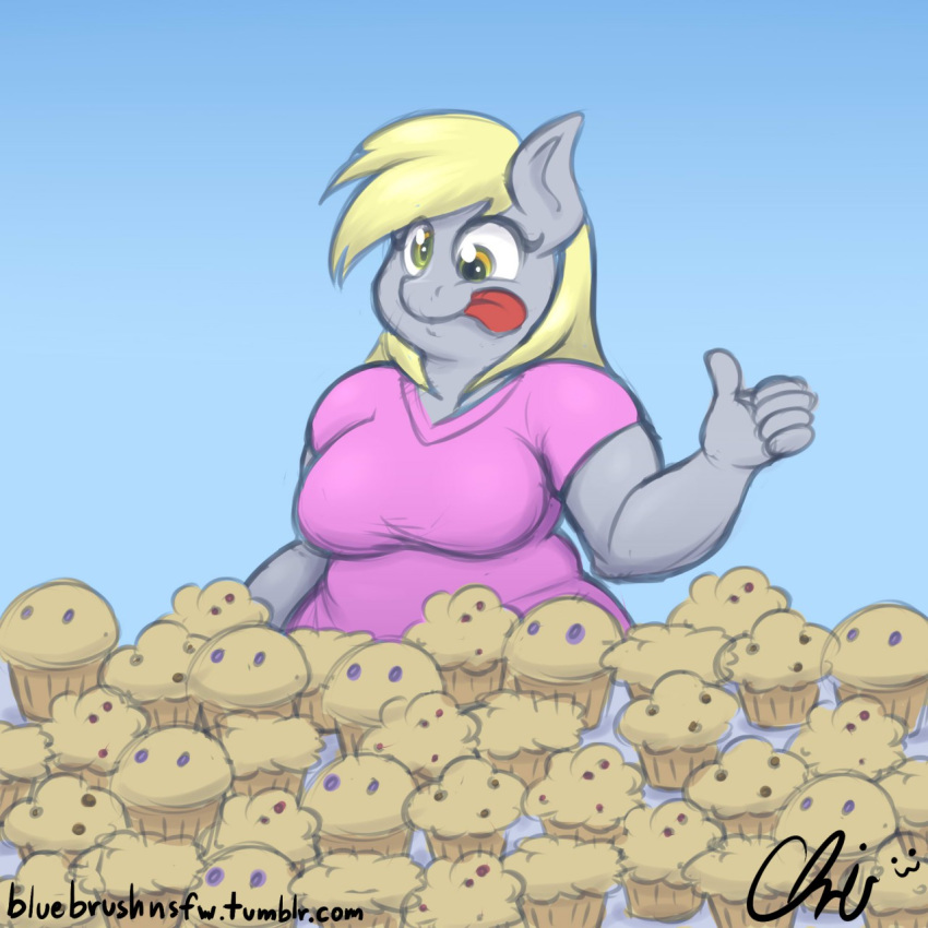 2014 blonde_hair blue_background clothing crispychris derpy_hooves duo equine female food friendship_is_magic fur grey_fur hair mammal muffin my_little_pony plain_background pony tongue tongue_out