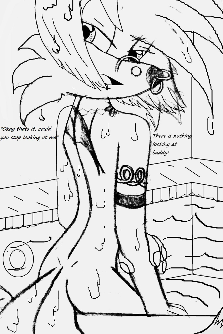 canine drawing fox furry looking_at_viewer male miles_"tails"_prower nude open_mouth piercing pool sitting sonic_(series) story tattoo text water