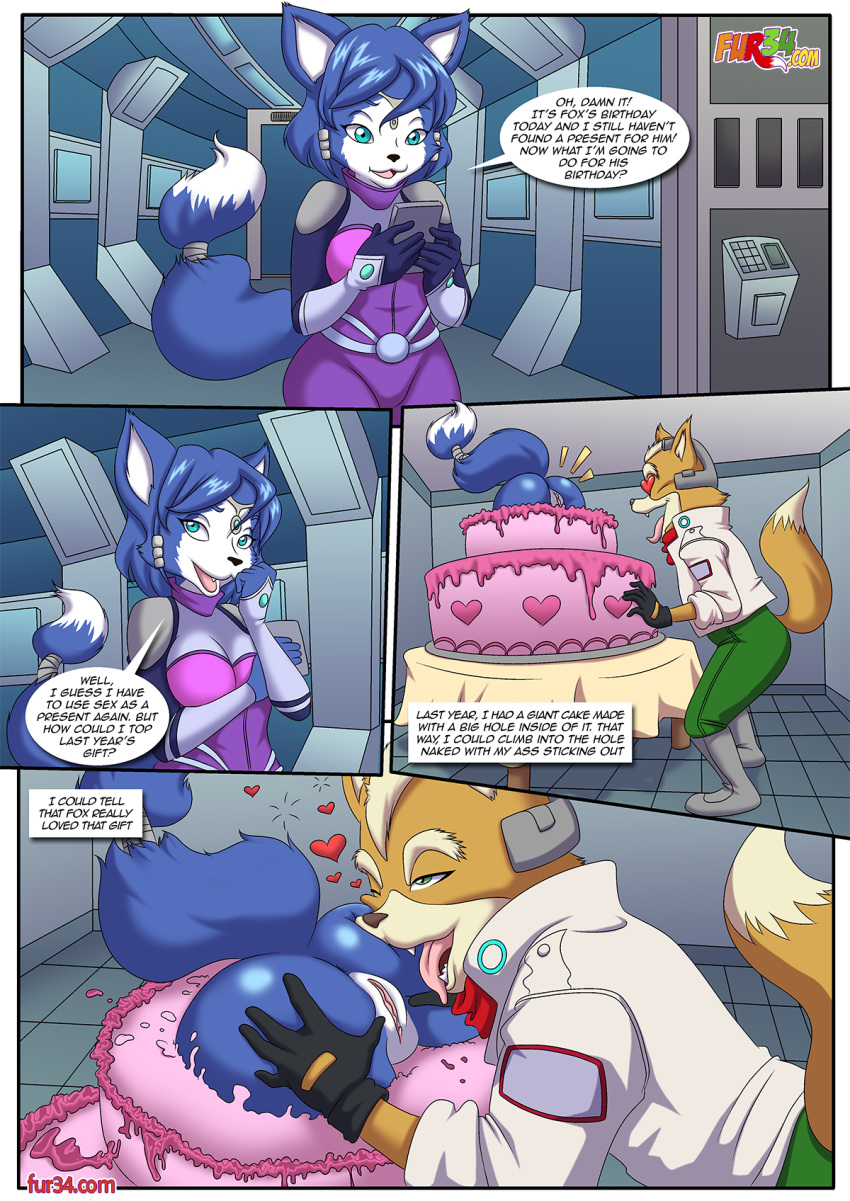 ass bbmbbf birthday cake comic dialogue fox's_best_birthday_party_ever! fox_mccloud fur34 fur34* furry interspecies krystal nintendo palcomix pussy rubbing star_fox tongue_out