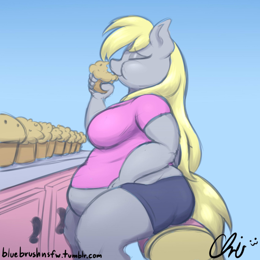 2014 blonde_hair blue_background closed_eyes clothed clothing crispychris derpy_hooves equine female food friendship_is_magic fur grey_fur hair holding holding_food mammal muffin my_little_pony obese overweight pegasus plain_background side_view sitting solo wings