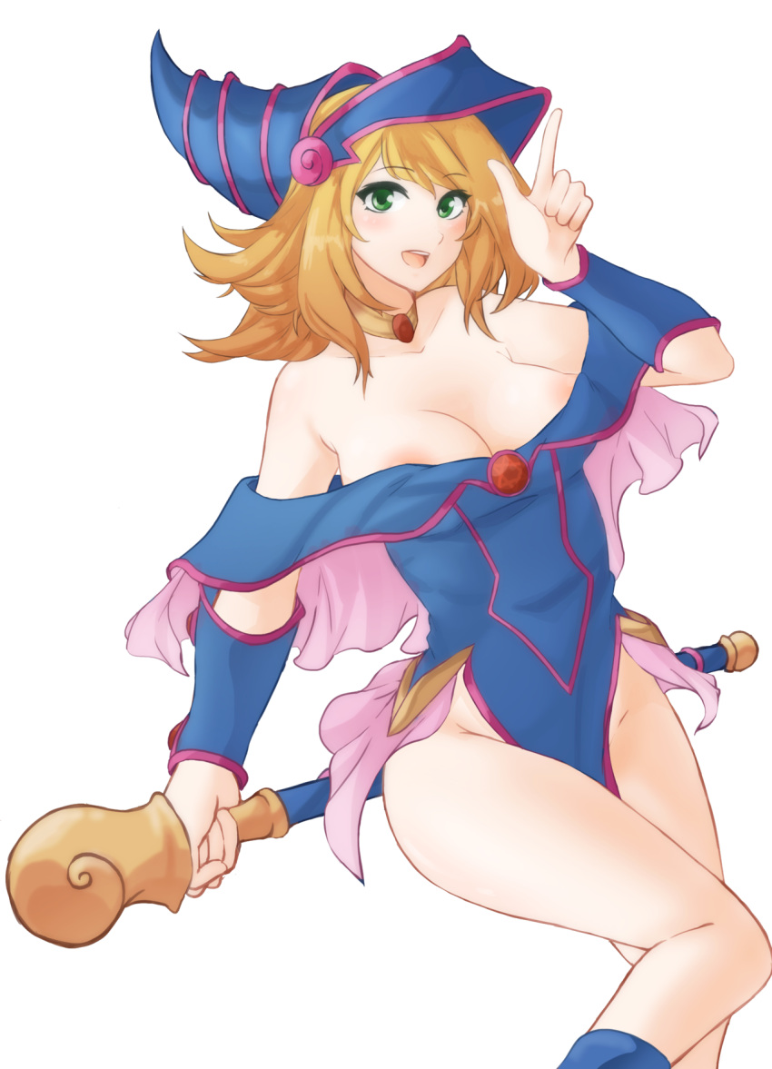 1girl areola bare_shoulders big_breasts blonde_hair blush cleavage dark_magician_girl female_solo green_eyes hand_up hat long_hair looking_at_viewer necklace off_shoulder open_mouth smile staff standing tridisart wizard_hat yu-gi-oh!