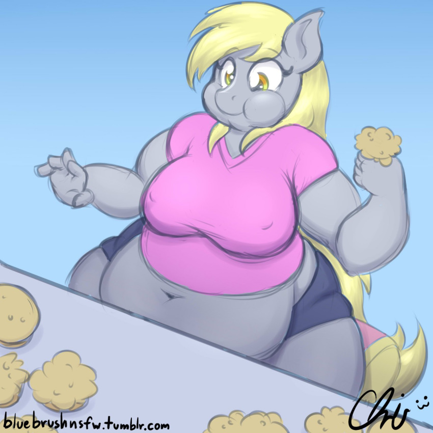 2014 blonde_hair blue_background clothed clothing crispychris derpy_hooves equine female food friendship_is_magic fur grey_fur hair holding holding_food mammal muffin my_little_pony navel obese overweight plain_background pony sitting solo