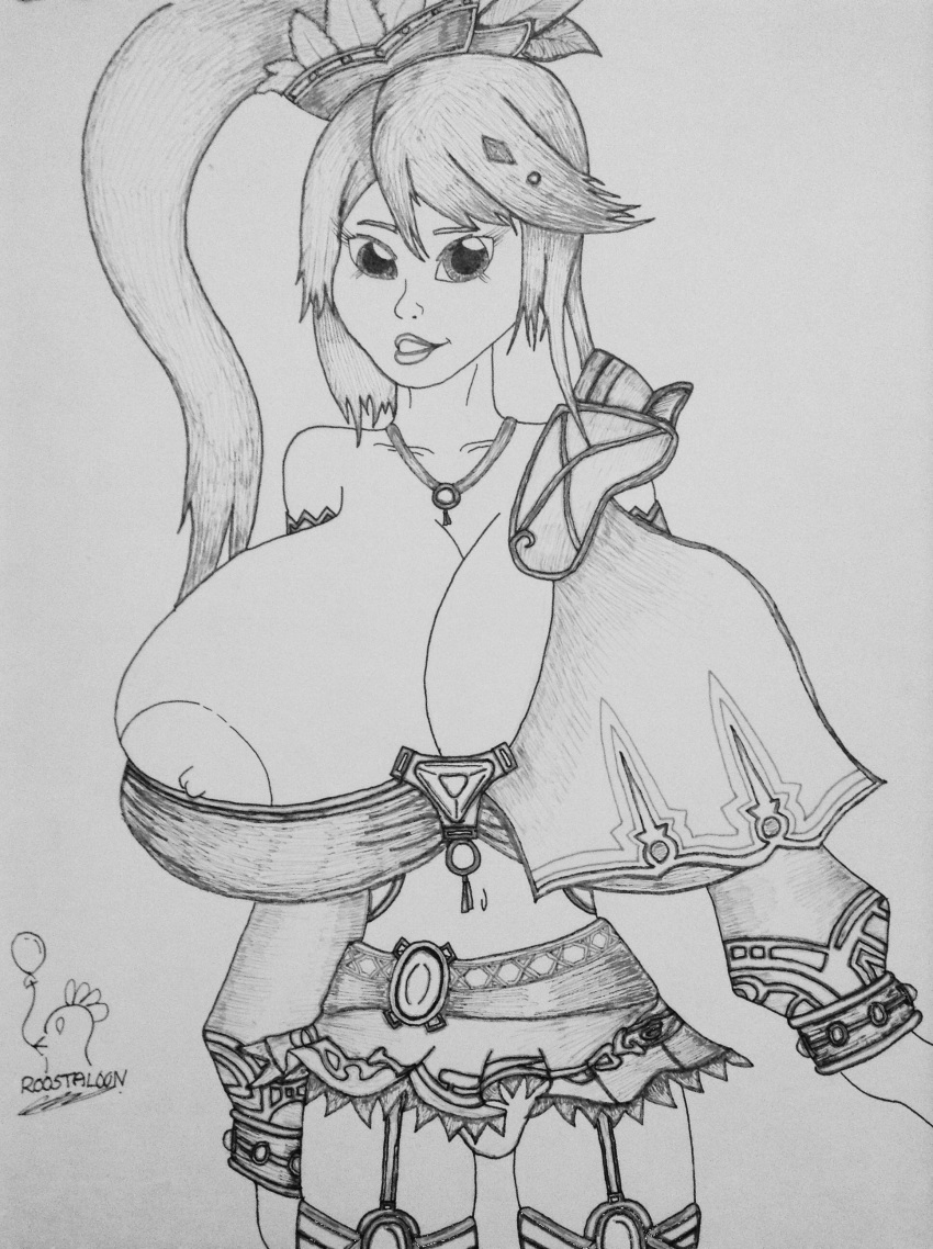 1girl areolae_slip black_and_white breast_suppress breasts detached_sleeves garterbelt hair huge_breasts hyrule_warriors lana_(hyrule_warriors) midriff monochrome navel nipple_slip parted_lips ponytail roostaloon sketch smile solo standing the_legend_of_zelda thighhighs