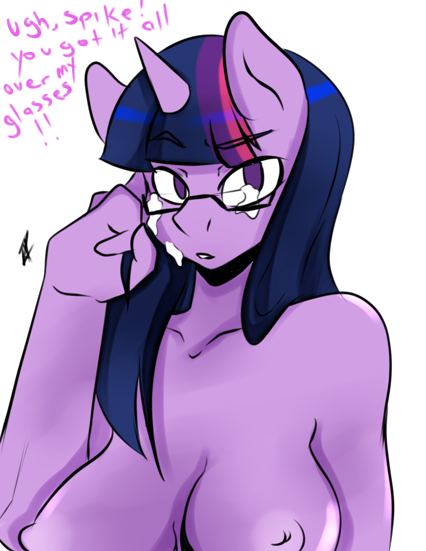 anthro areola breasts cum cum_on_face english_text equine erect_nipples eyewear friendship_is_magic fur furry glasses hair horn horse inuyuru looking_at_viewer mammal my_little_pony nipples nude plain_background pony purple_fur purple_hair solo teeth text twilight_sparkle two_tone_hair white_background