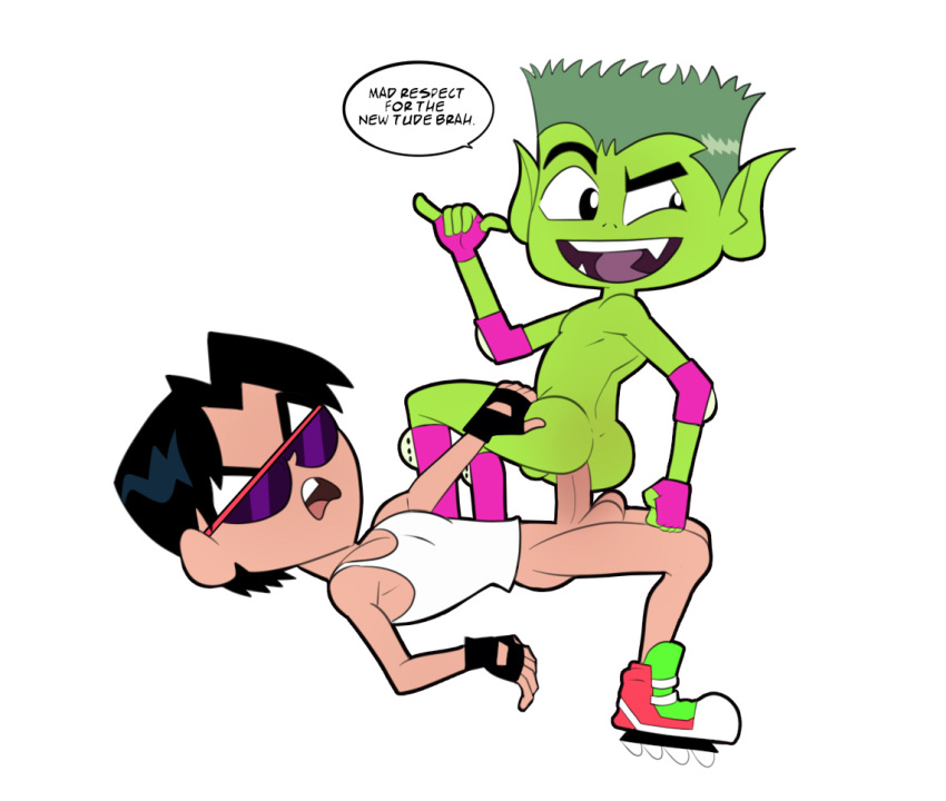 2boys anal beast_boy black_hair bottomless dat_ass dc_comics dick_grayson duo elbow_pads fingerless_gloves garfield_logan gloves green_hair green_penis green_skin iyumiblue knee_pads looking_back looking_to_the_side male male_only mostly_nude multiple_boys open_mouth robin roller_skates sex sitting_on_penis skates sunglasses teen teen_titans teen_titans_go tinted_eyewear yaoi