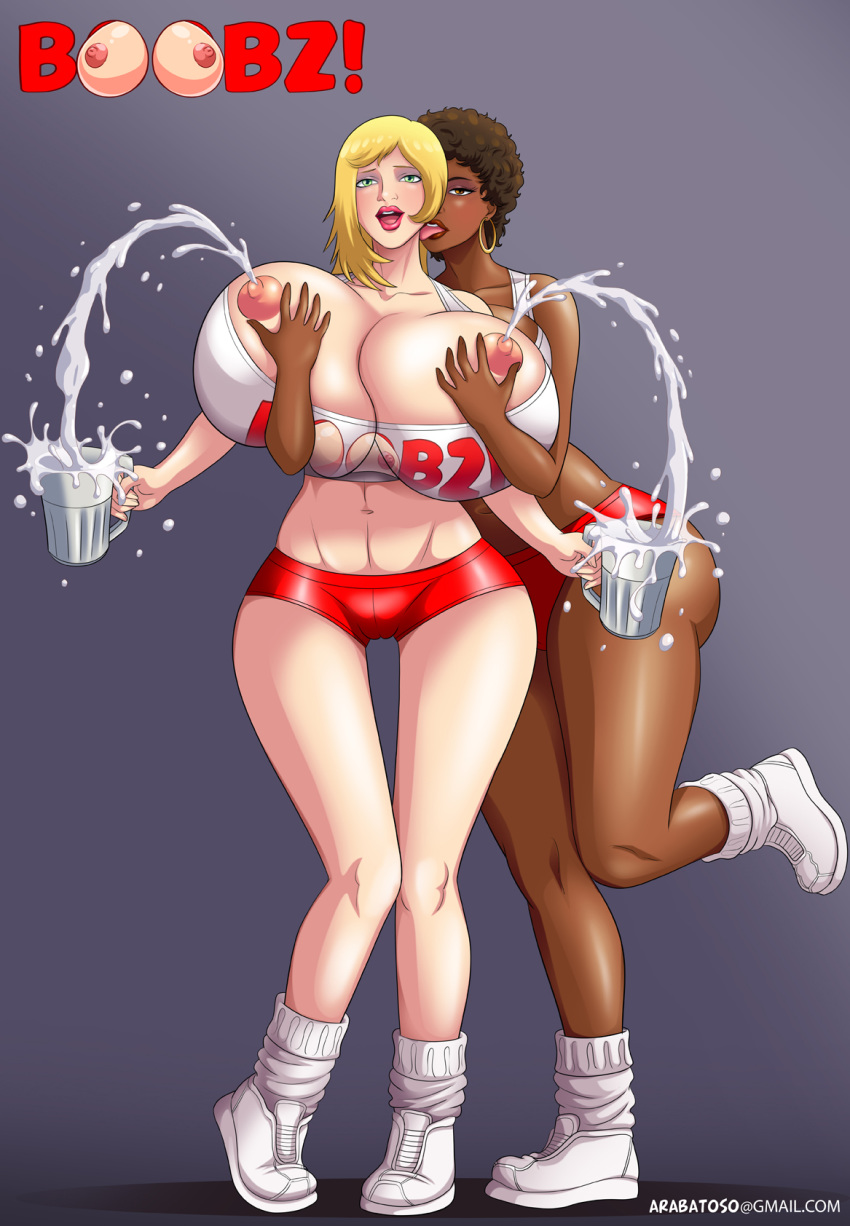 arabatos big_breasts breast_milk breasts cleavage cup female interracial lactating milk nipples tongue yuri