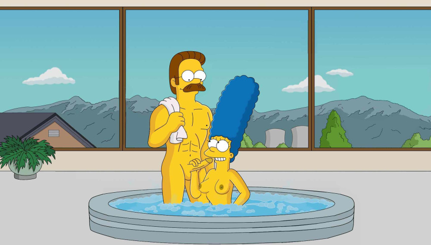 blue_hair holding_penis homerjysimpson jacuzzi marge_simpson ned_flanders the_simpsons yellow_skin