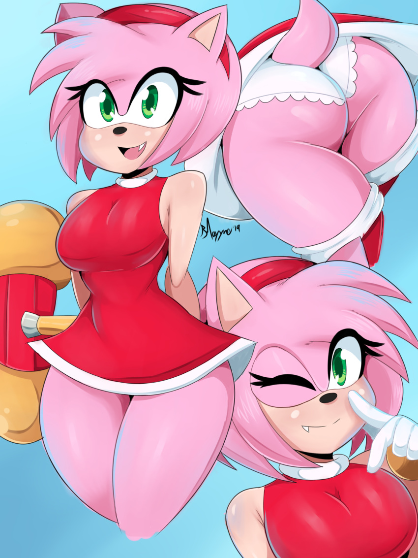 amy_rose ass bent_over big_breasts bmayyneart fang furry green_eyes hammer mallet panties piko_piko_hammer pink_fur sega short_dress smile solo_female sonic sonic_the_hedgehog_(series) tail thick_thighs tight_clothing upskirt wink