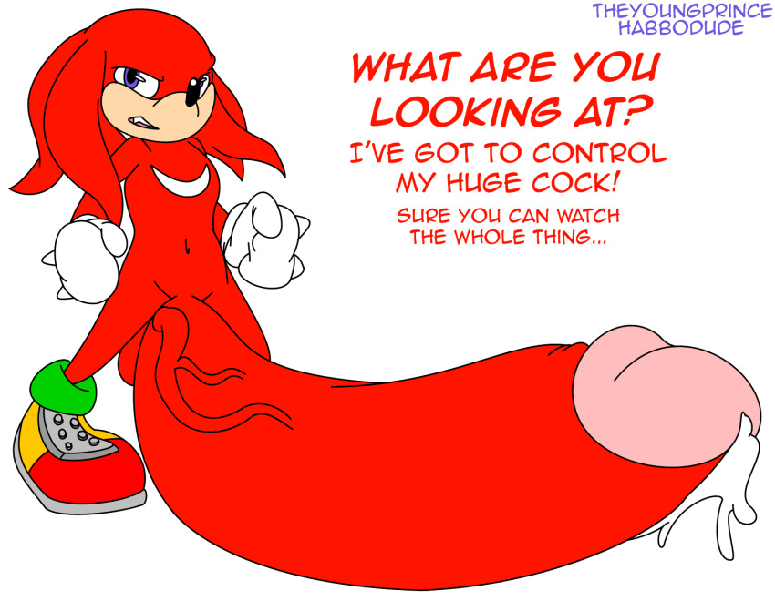 2014 anthro echidna english_text erection habbodude hyper hyper_penis knuckles_the_echidna male mammal monotreme nude penis precum solo sonic_(series) testicles text theyoungprince