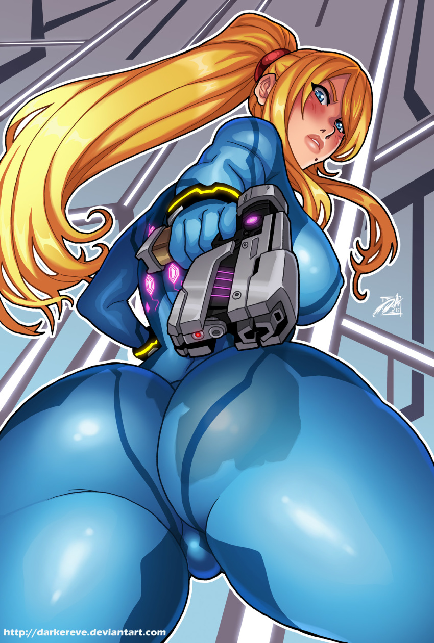 1girl aiming_at_viewer ass beauty_mark big_breasts blonde_hair blue_eyes blush bodysuit bracelet breasts darkereve darwin_nunez erect_nipples female female_only from_below gun handgun highres huge_ass large_ass lips long_hair looking_at_viewer looking_back looking_down metroid mole mole_under_mouth nintendo pistol ponytail pov_ass round_ass samus_aran sideboob single_breast skin_tight solo solo_female standing thick_thighs thighs tight_clothes watermark weapon web_address web_address_without_path wide_hips zero_suit