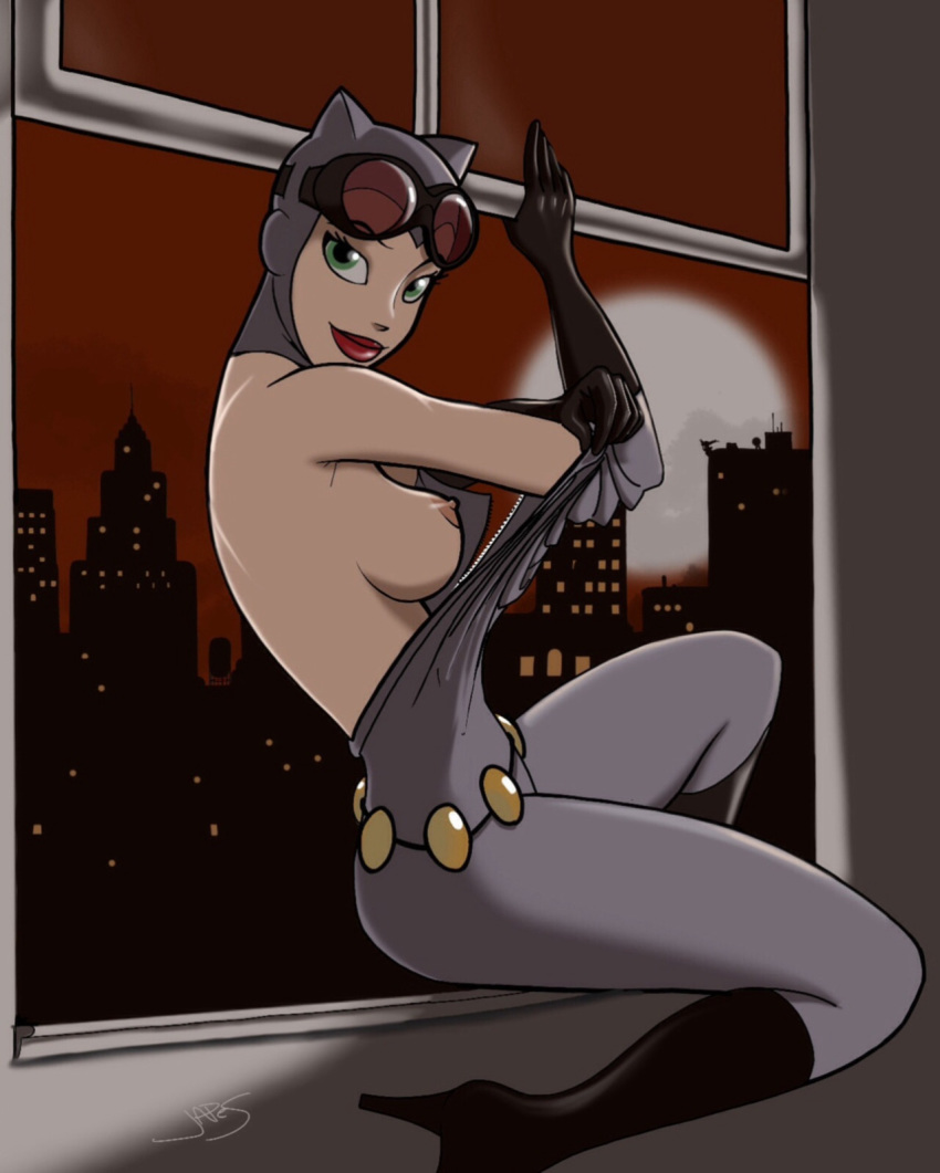 batman_(series) catsuit catwoman dc dc_comics goggles green_eyes heels lipstick looking_at_viewer mask nipples selina_kyle sideboob smile tagme undressing window