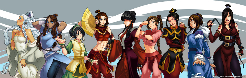 9girls ass avatar:_the_last_airbender azula breasts clothes darkereve dat_ass female hama happy hips june_(avatar) katara lips looking_at_viewer mai_(avatar) pants princess_yue suki toph_bei_fong ty_lee wide_hips