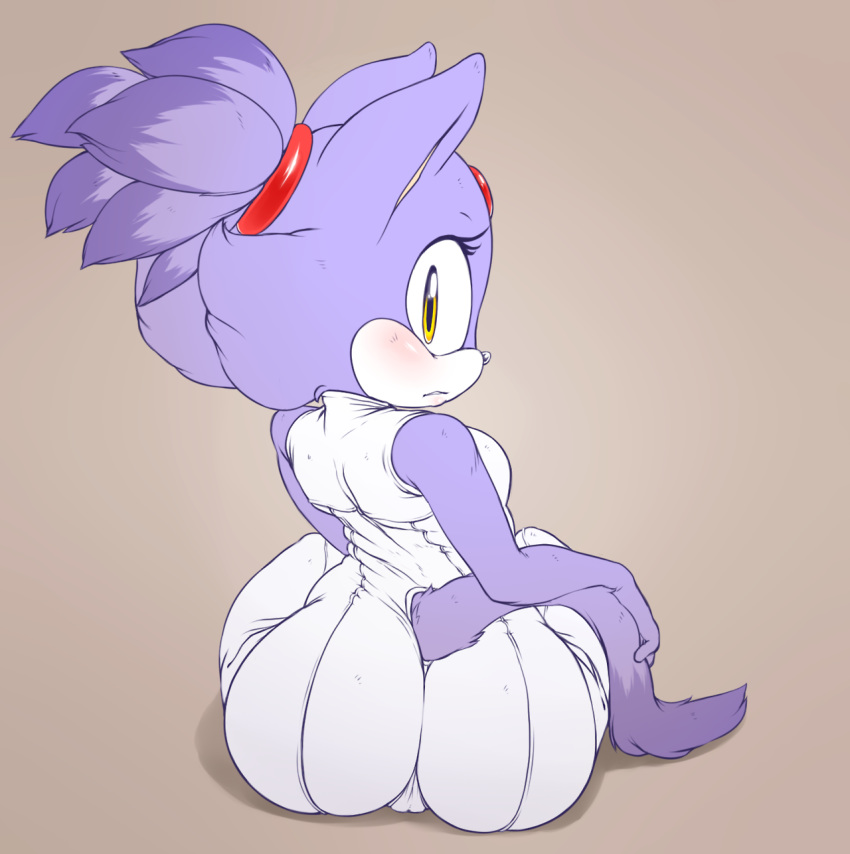 2015 anthro argento ass big_ass blaze_the_cat blush breasts clothing feline female fur hair leotard looking_at_viewer looking_back mammal open_mouth plain_background purple_fur purple_hair shy small_breasts solo sonic_(series) thick_thighs video_games wide_hips yellow_eyes
