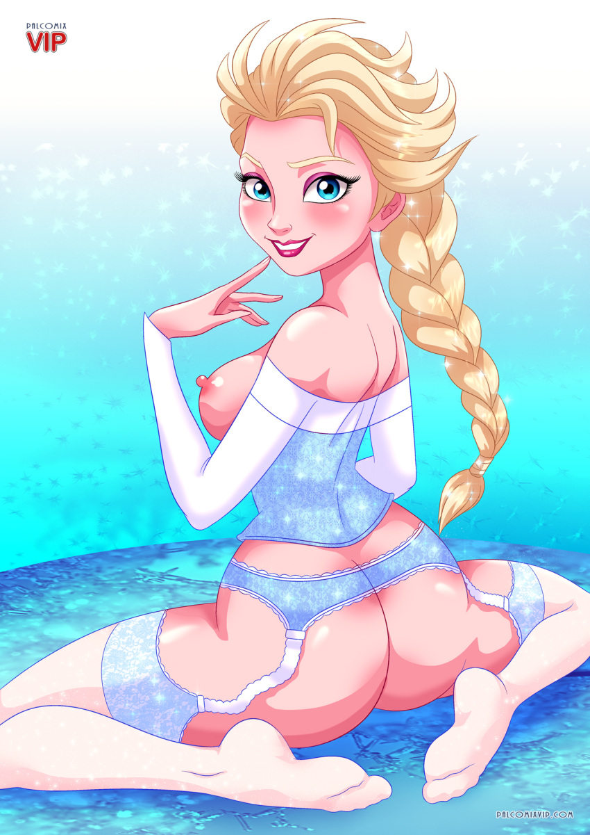 1girl areolae ass big_ass big_breasts blonde_hair blue_eyes blush braid disney elsa elsa_(frozen) female female_only frozen_(movie) garter_straps looking_at_viewer looking_back mostly_nude nipples no_panties palcomix palcomix_vip sideboob solo stockings