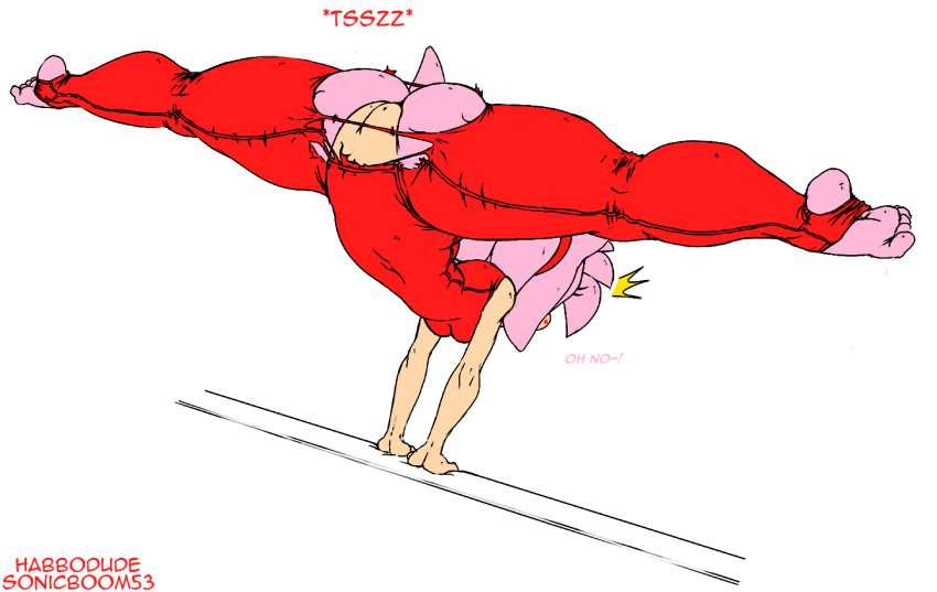 1girl 2013 amy_rose anthro argento ass barefoot big_ass breasts clothed clothing colored female female_only gymnastics habbodude hair handstand hedgehog mammal pussy rip ripping sega shocked solo solo_female sonic sonic_(series) split splits spread_legs spreading tight_clothing wardrobe_malfunction white_background
