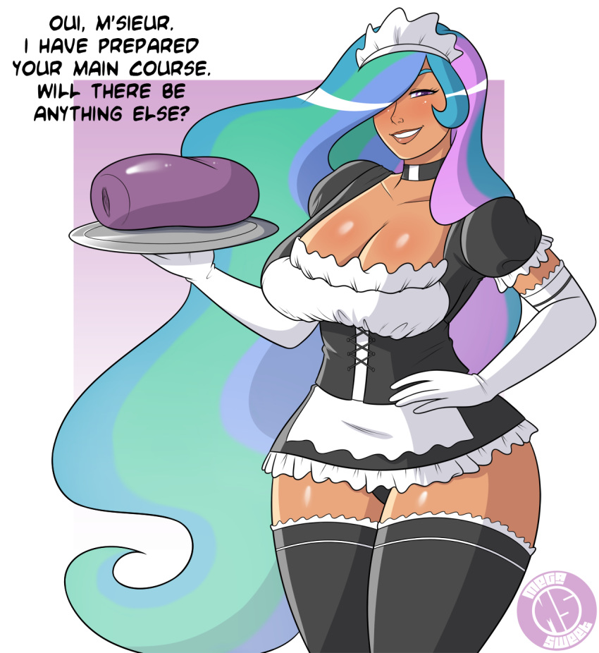 1girl big_breasts breasts cosplay dialogue elbow_gloves female french friendship_is_magic humanized maid megasweet my_little_pony nipples onahole princess_celestia redraw stockings thighhighs voluptuous