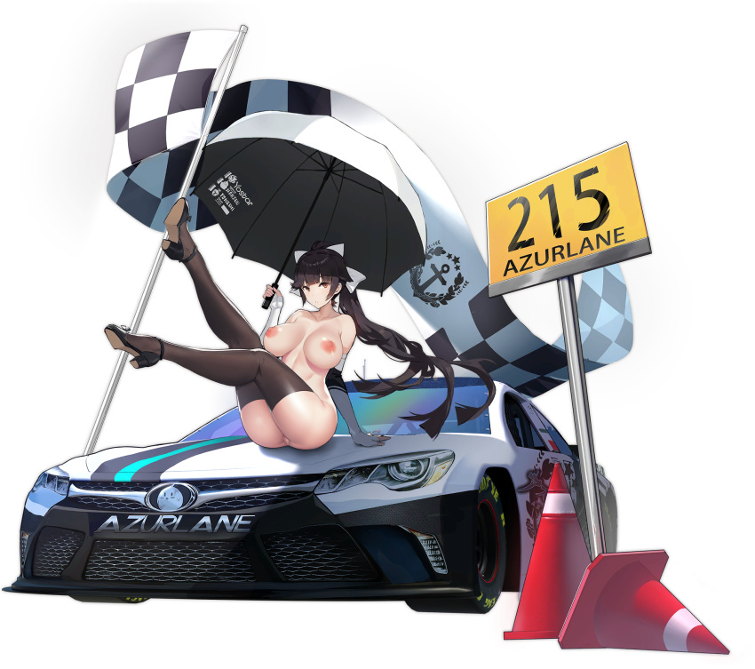 azur_lane breasts car checkered_flag legs_up official_art takao_(azur_lane) third-party_edit traffic_cone