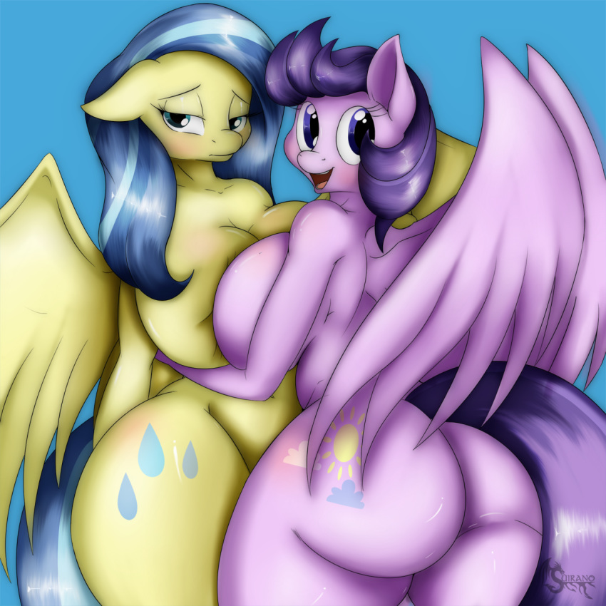 2015 anthro ass big_breasts blue_background blue_eyes breast_squish breasts clear_skies_(mlp) cutie_mark duo equine female female/female friendship_is_magic furry hair half-closed_eyes huge_breasts long_hair looking_at_viewer mammal my_little_pony nude open_mouth pegasus plain_background purple_hair suirano sunshower_(mlp) wings