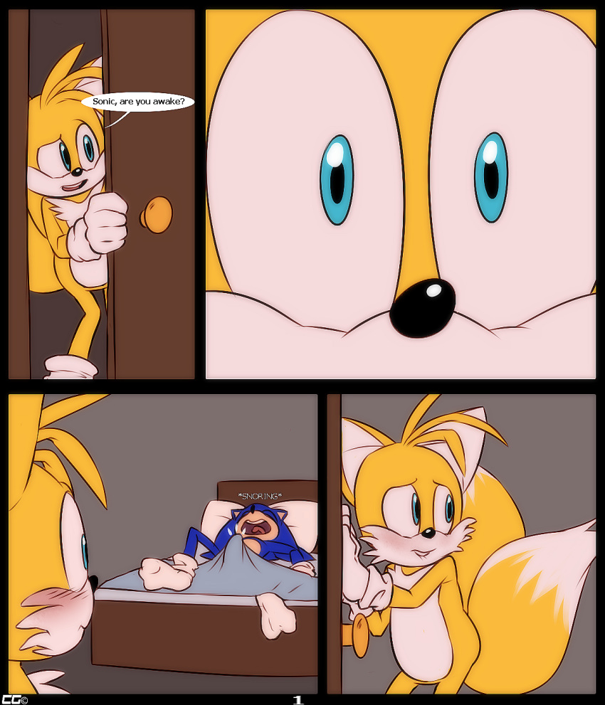 2015 anthro bed biting_lip blue_fur blush bulge canine comic crazedg cyan_eyes english_text erection fox fur furry hedgehog looking_back mammal miles_"tails"_prower nude open_mouth orange_fur penis pillow sleeping sonic_(series) sonic_the_hedgehog surprise text tongue