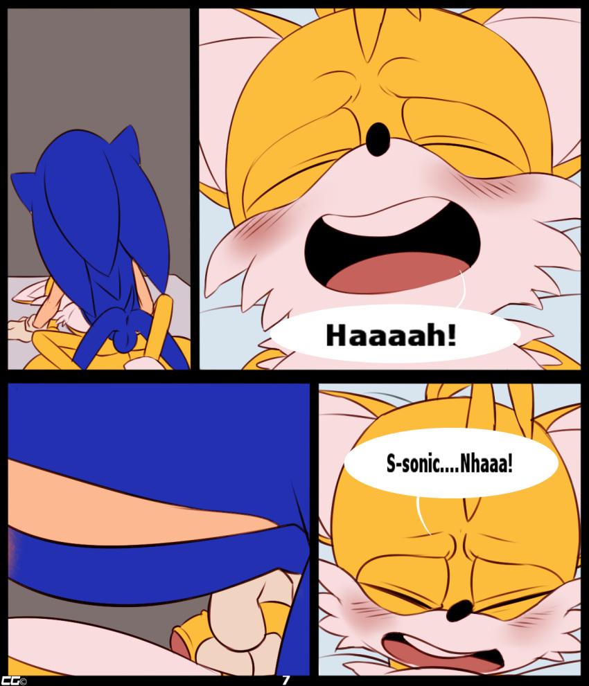 2015 anus ass backsack black_nose blue_fur blush canine closed_eyes comic crazedg duo fox fur handjob hedgehog lying male male/male mammal miles_"tails"_prower on_back open_mouth orange_fur penis screaming sonic_(series) sonic_the_hedgehog testicles text tongue uncut