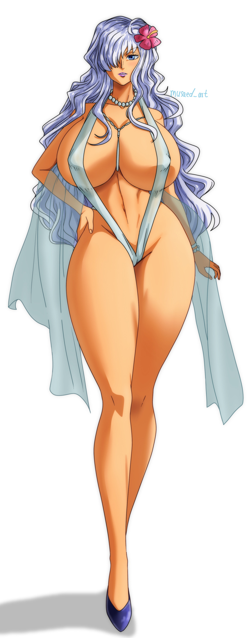 bikini blue_eyes blue_hair cape charlotte_smoothie hair_over_one_eye hourglass_figure large_ass large_breasts milf musaed_art necklace one_piece sexy sexy_ass sexy_body sexy_breasts voluptuous