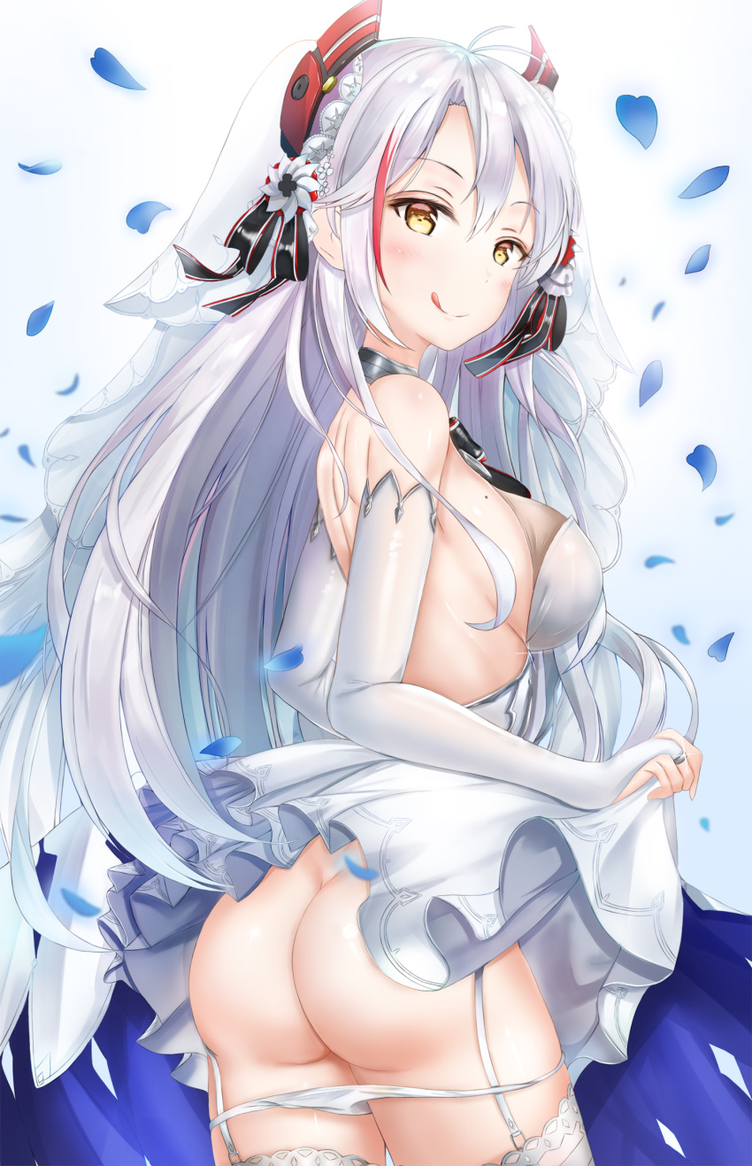 1girl :q ahoge ass azur_lane bare_shoulders breasts bridal_gauntlets closed_mouth cowboy_shot dress dress_lift garter_straps glint hair_ornament high_resolution kitin lingerie long_hair looking_at_viewer looking_back medium_breasts mole mole_on_breast multicolored_hair panties panty_pull prinz_eugen_(azur_lane) prinz_eugen_(symphonic_fate)_(azur_lane) smile standing stockings strapless strapless_dress streaked_hair tongue tongue_out underwear veil very_long_hair wedding_dress white_dress white_hair white_legwear white_panties white_underwear yellow_eyes
