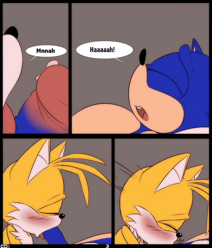 2015 anthro black_nose blue_fur blush canine closed_eyes comic crazedg duo erection fellatio fox fur furry hedgehog humanoid_penis licking male male/male mammal miles_"tails"_prower open_mouth oral orange_fur penis precum sex sonic_(series) sonic_the_hedgehog text tongue tongue_out