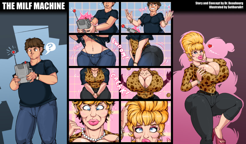ass big_breasts big_lips breasts clothes comic female gender_transformation genderswap genderswap_(mtf) happy hips large_ass lips male milf nipples original pants round_ass solo sutibaruart text transformation wide_hips