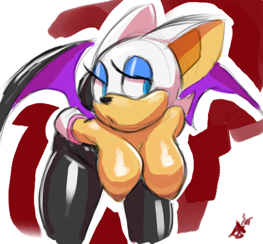1girl anthro bent_over big_breasts breasts exposed_breasts female female_only furry hanging_breasts nipples partially_clothed rouge_the_bat sonic_(series) teasing thehumancopier