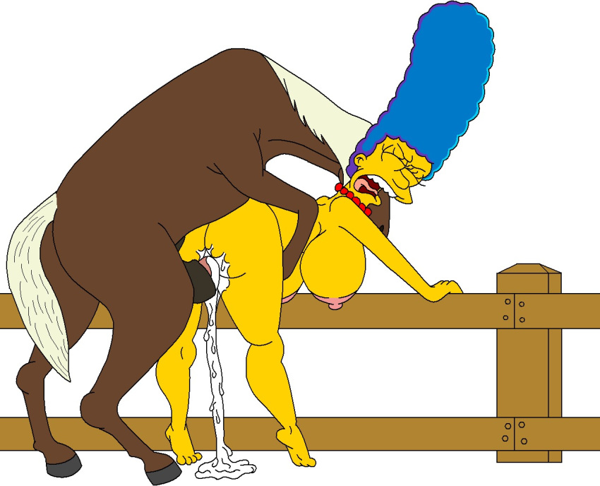 animal ass beastiality breasts cum cum_in_pussy cum_inside equine horse huge_breasts marge_simpson nipples penis pussy the_simpsons white_background yellow_skin