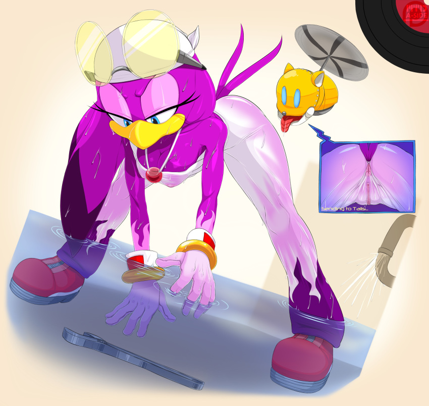 anthro anus ass avian bandanna beak bent_over bird bracelet breasts female flame_pattern hi_res jewelry machine marthedog mechanical miles_"tails"_prower nipples pussy ring robot sonic_(series) sonic_riders spread_legs spreading swallow_(bird) tongue tools translucent water wave_the_swallow wet wrench
