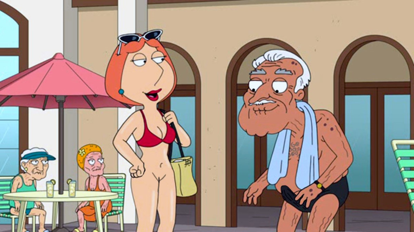 bra erection_under_clothes family_guy lois_griffin no_panties old_man shaved_pussy sunglasses thighs