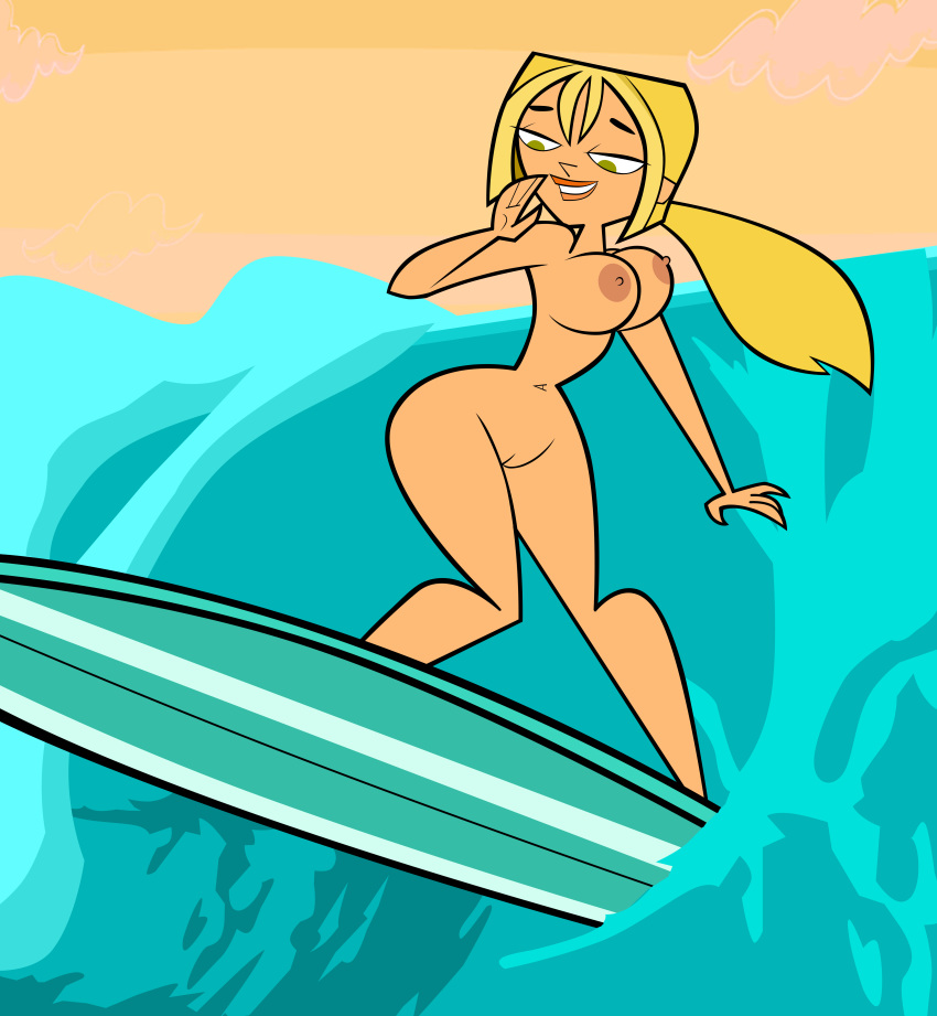 1girl big_breasts blonde_hair bridgette_(tdi) cartoon_network green_eyes grimphantom grimphantom_(artist) hairless_pussy hourglass_figure light-skinned_female long_blonde_hair long_hair navel necklace nipples nude ocean ponytail pussy smile solo surfer_girl surfing thick_ass thick_legs thick_thighs total_drama_island wasp_waist water