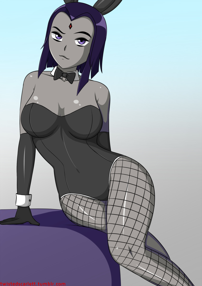 1girl animal_ears big_breasts breasts bunny_ears bunny_girl bunnysuit clothed curvaceous dc_comics detached_collar female female_only fishnets forehead_jewel grey_skin high_resolution looking_at_viewer purple_eyes purple_hair raven_(dc) seductive short_hair teen_titans thick_thighs thighs twistedscarlett60 very_high_resolution