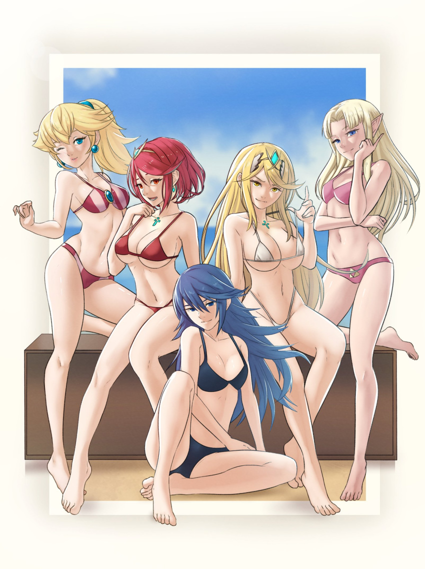 5girls alluring big_breasts blonde_hair blue_eyes blue_hair breasts cleavage clothes_pull earrings fire_emblem fire_emblem_awakening high_res jewelry lucina lucina_(fire_emblem) medium_breasts multiple_girls mythra mythra_(xenoblade) nintendo pomelomelon princess_peach princess_zelda pyra pyra_(xenoblade) red_hair sideboob small_breasts smile swimsuit_pull the_legend_of_zelda the_legend_of_zelda:_a_link_between_worlds under_boob xenoblade_(series) xenoblade_chronicles_(series) xenoblade_chronicles_2