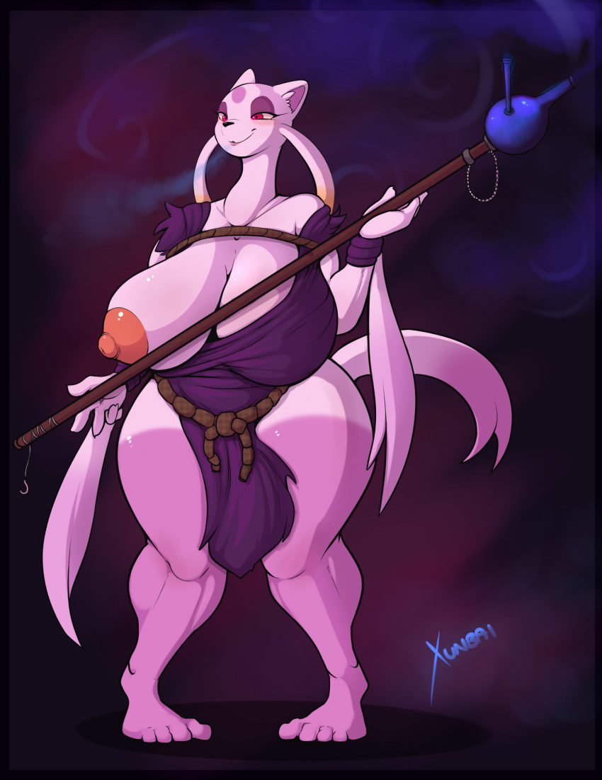 1girl anthro ass bedroom_eyes big_ass big_breasts blush bong breasts drugs drunk exposed_breast furry half-closed_eyes horny huge_breasts mienshao nintendo pokemon polearm red_eyes smile staff thick_thighs video_games voluptuous wardrobe_malfunction weapon wide_hips wyntersun xunbai