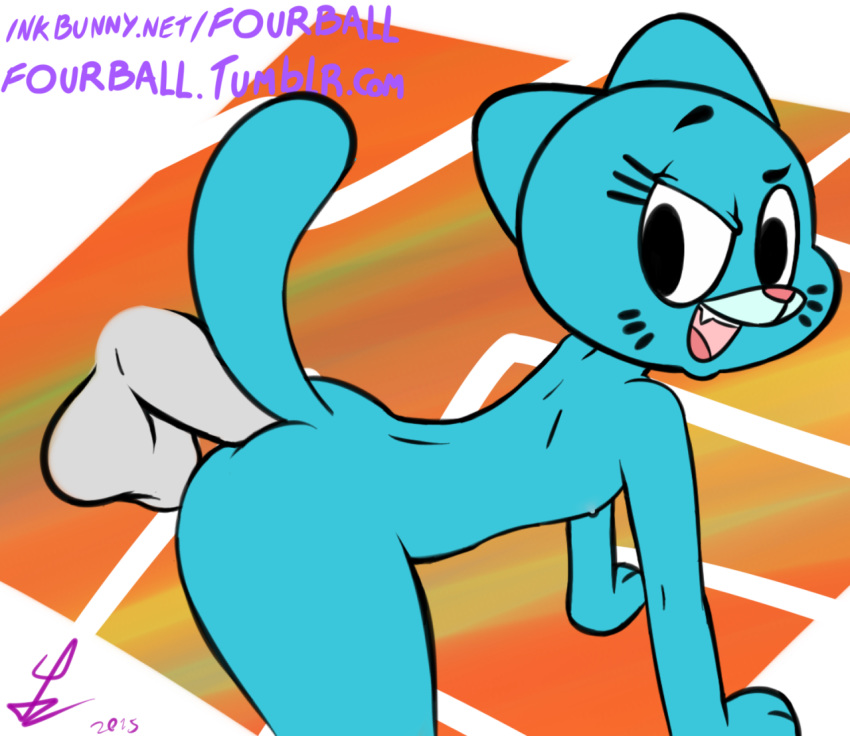 1girl 2015 anal anthro blue_fur disembodied_penis duo feline fourball fur furry male male/female mammal nicole_watterson open_mouth penetration penis sex solo_focus teeth testicles the_amazing_world_of_gumball tongue