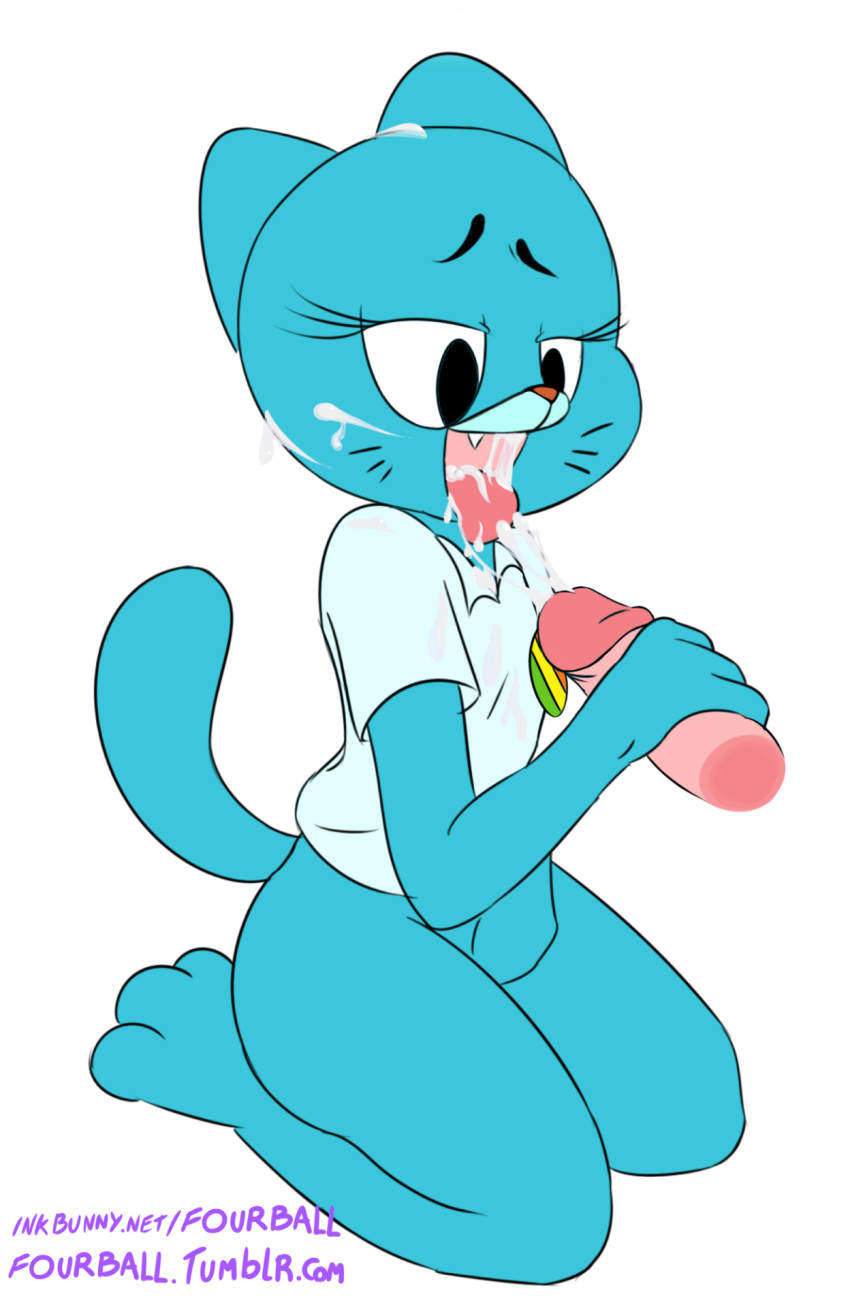 1girl anthro blue_fur cum disembodied_penis duo feline fourball fur furry handjob male male/female mammal nicole_watterson open_mouth penis plain_background solo_focus the_amazing_world_of_gumball tongue